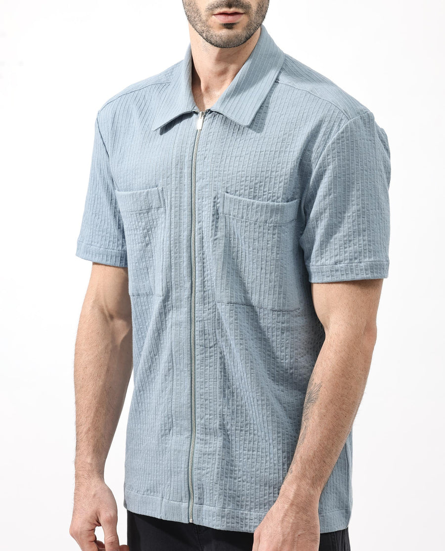 Rare Rabbit Men's Loomz Dusky Blue Cotton Textured Boxy Fit Half Sleeve Collared Shirt