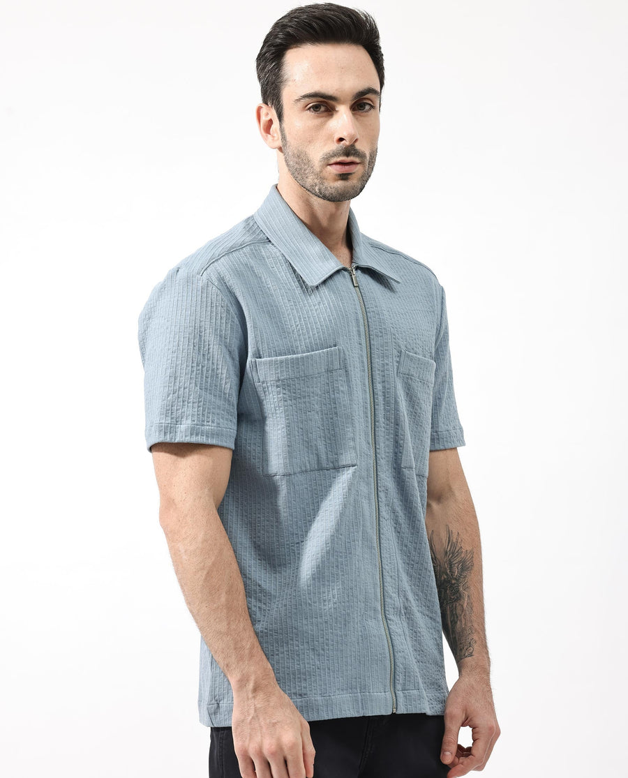 Rare Rabbit Men's Loomz Dusky Blue Cotton Textured Boxy Fit Half Sleeve Collared Shirt