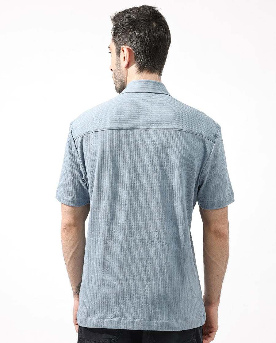 Rare Rabbit Men's Loomz Dusky Blue Cotton Textured Boxy Fit Half Sleeve Collared Shirt