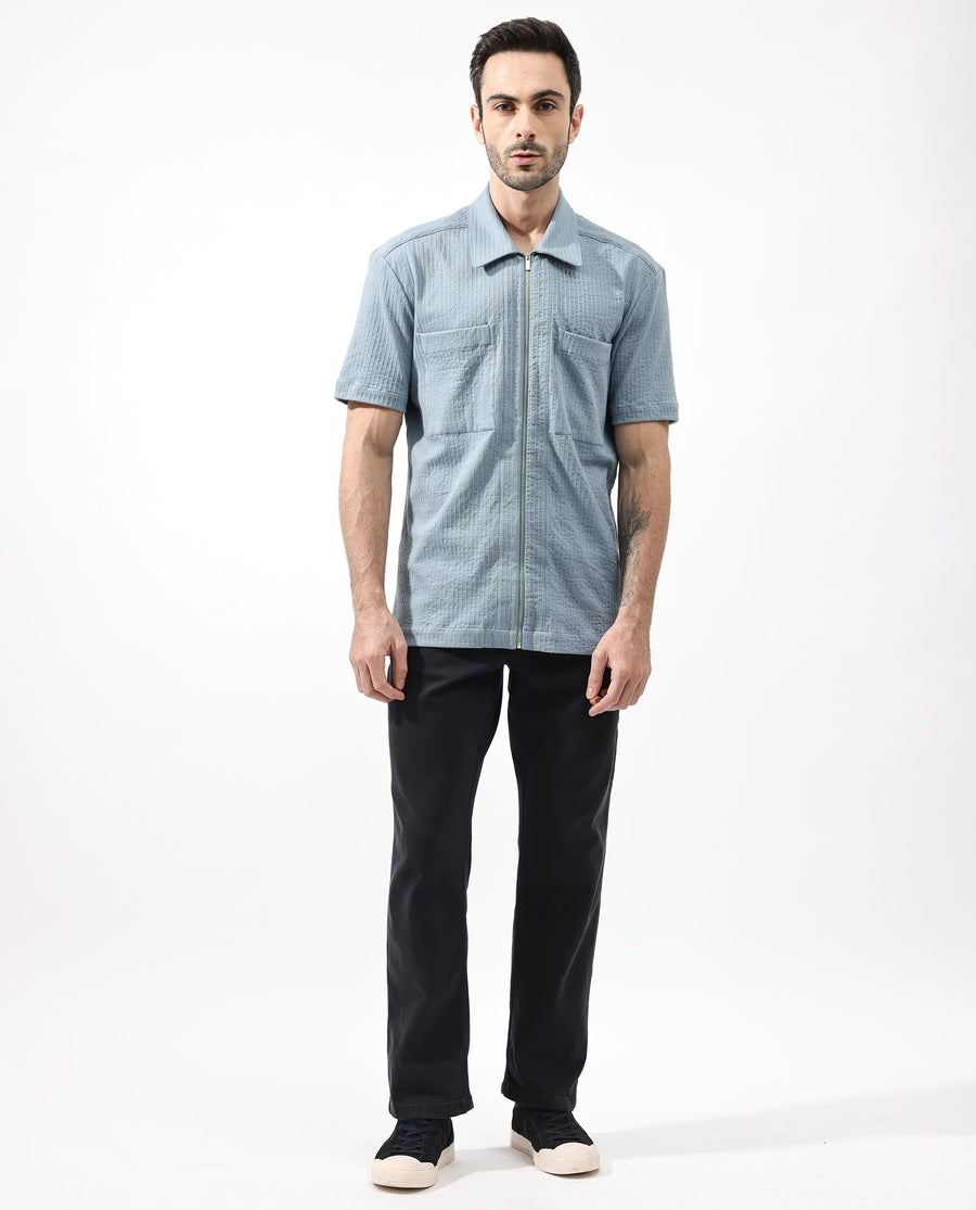 Rare Rabbit Men's Loomz Dusky Blue Cotton Textured Boxy Fit Half Sleeve Collared Shirt