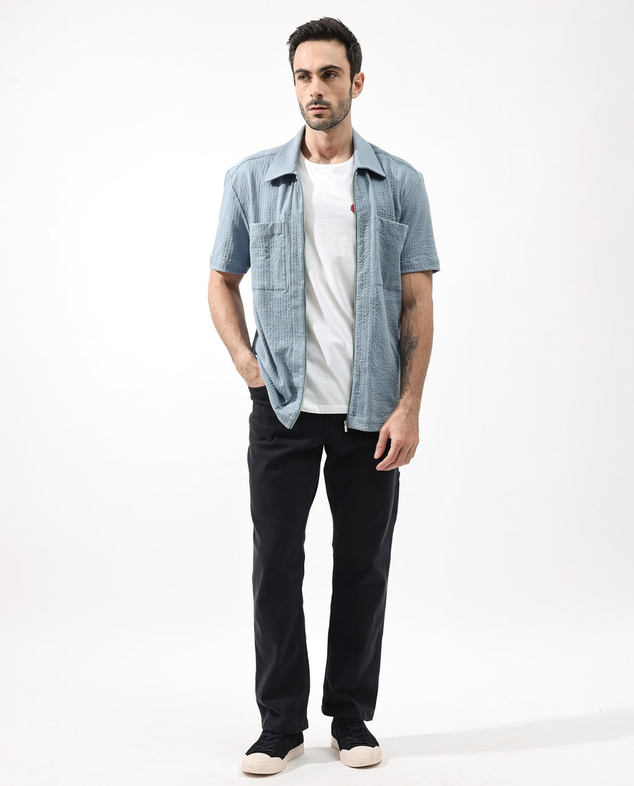 Rare Rabbit Men's Loomz Dusky Blue Cotton Textured Boxy Fit Half Sleeve Collared Shirt