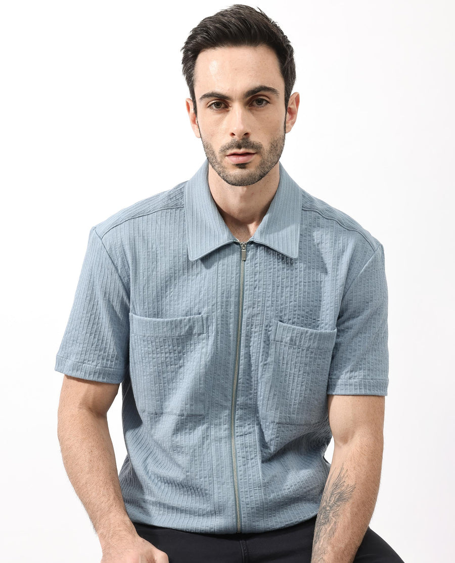 Rare Rabbit Men's Loomz Dusky Blue Cotton Textured Boxy Fit Half Sleeve Collared Shirt