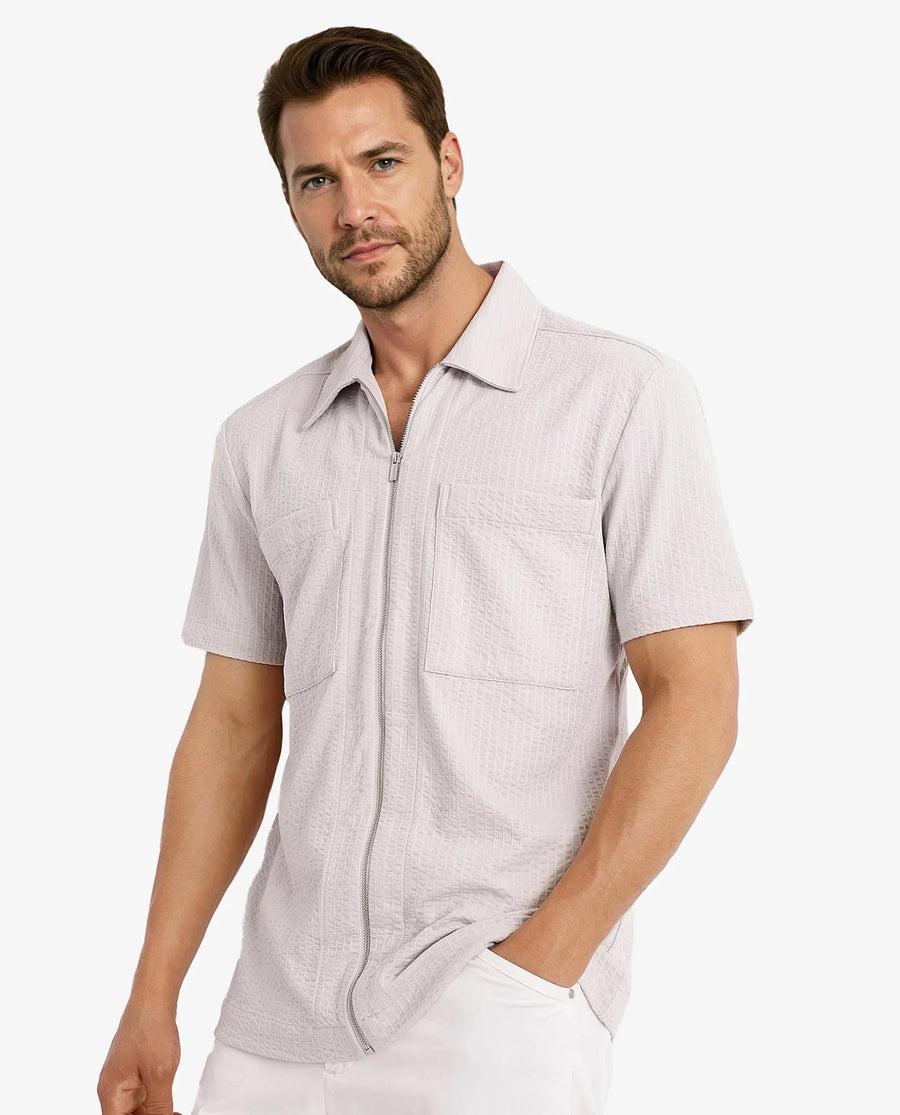 Rare Rabbit Men's Loomz Light Grey Cotton Textured Boxy Fit Half Sleeve Spread Collar Shirt