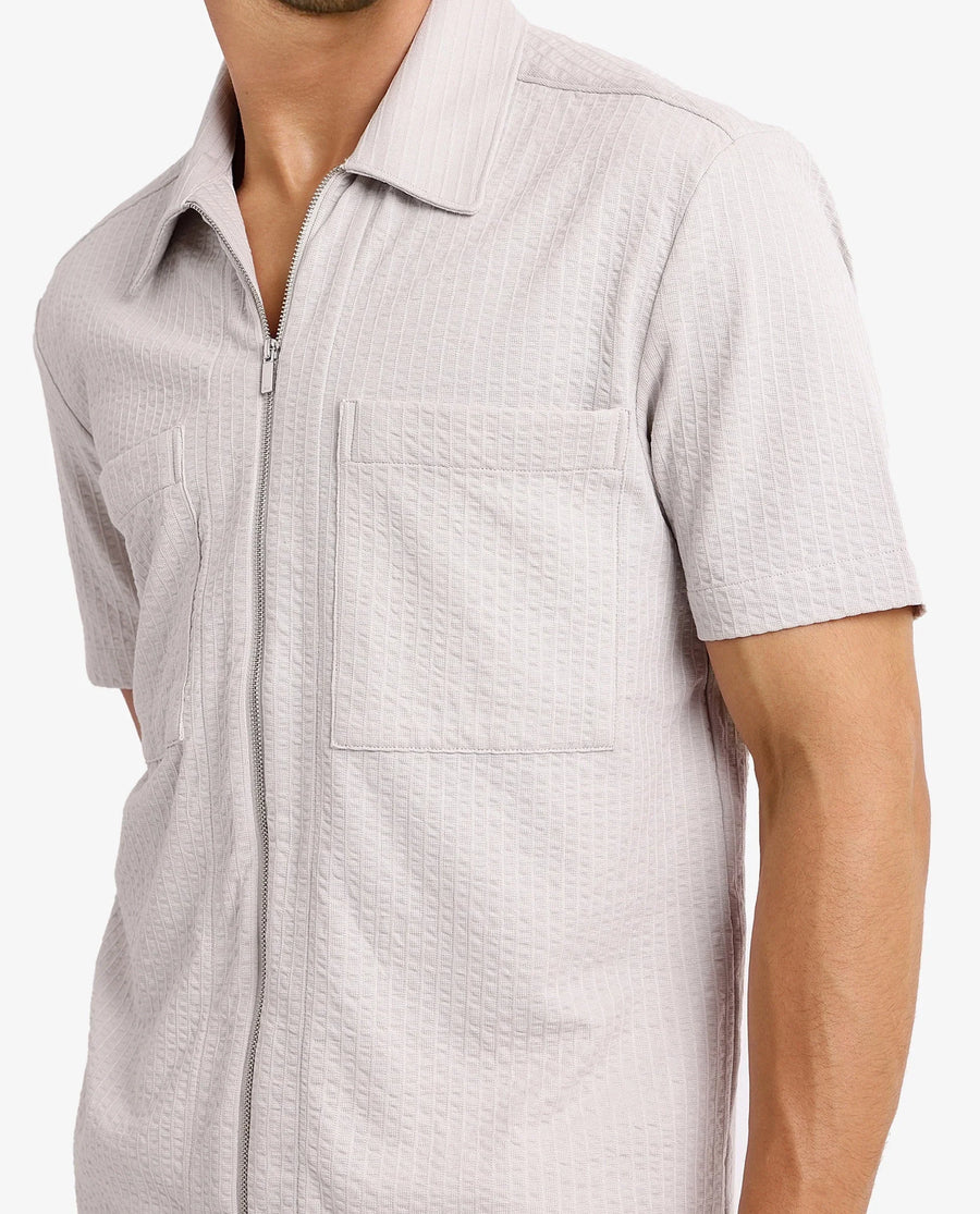 Rare Rabbit Men's Loomz Light Grey Cotton Textured Boxy Fit Half Sleeve Spread Collar Shirt