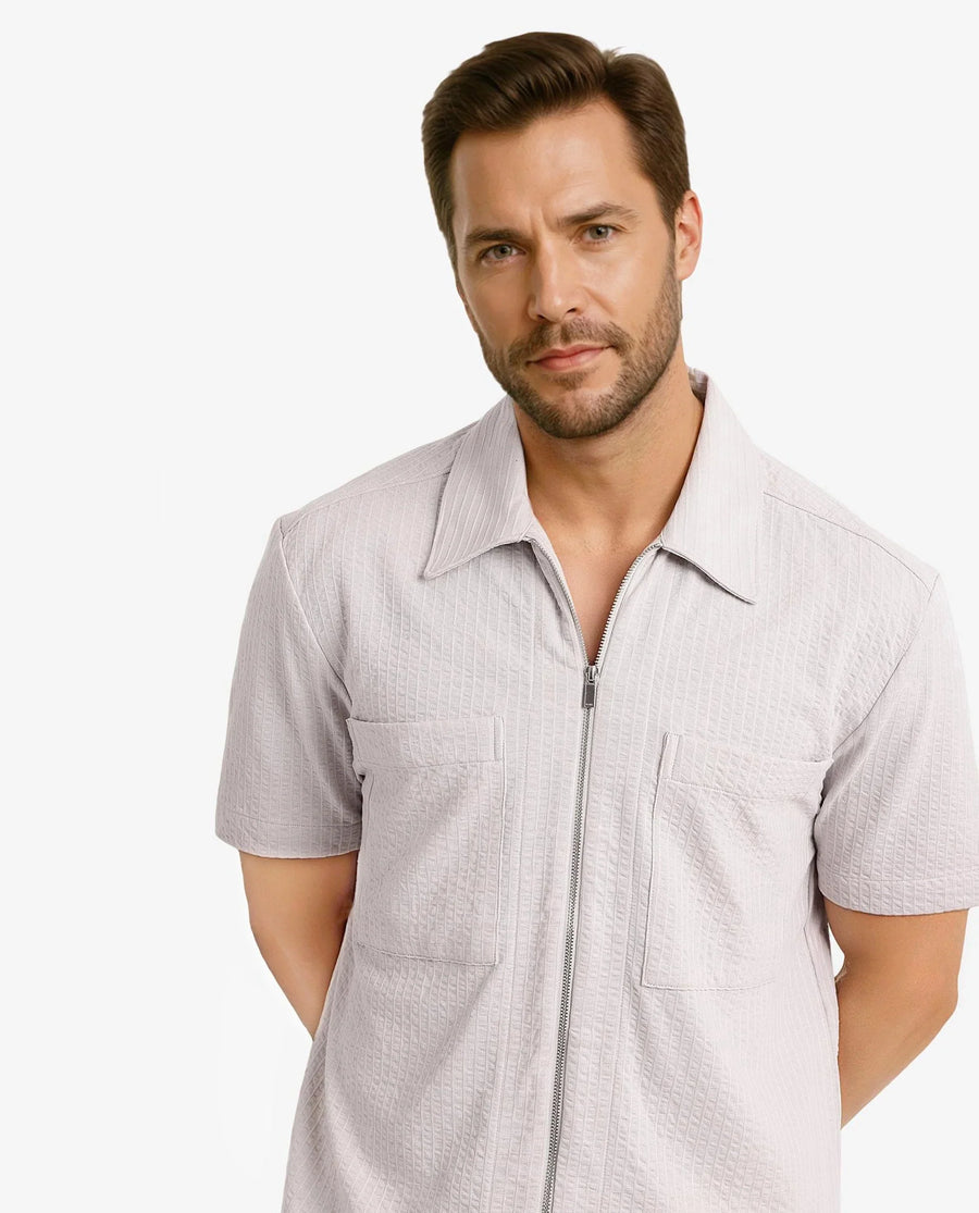Rare Rabbit Men's Loomz Light Grey Cotton Textured Boxy Fit Half Sleeve Spread Collar Shirt