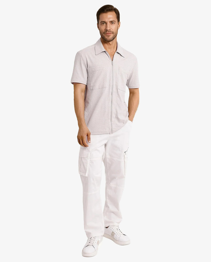 Rare Rabbit Men's Loomz Light Grey Cotton Textured Boxy Fit Half Sleeve Spread Collar Shirt