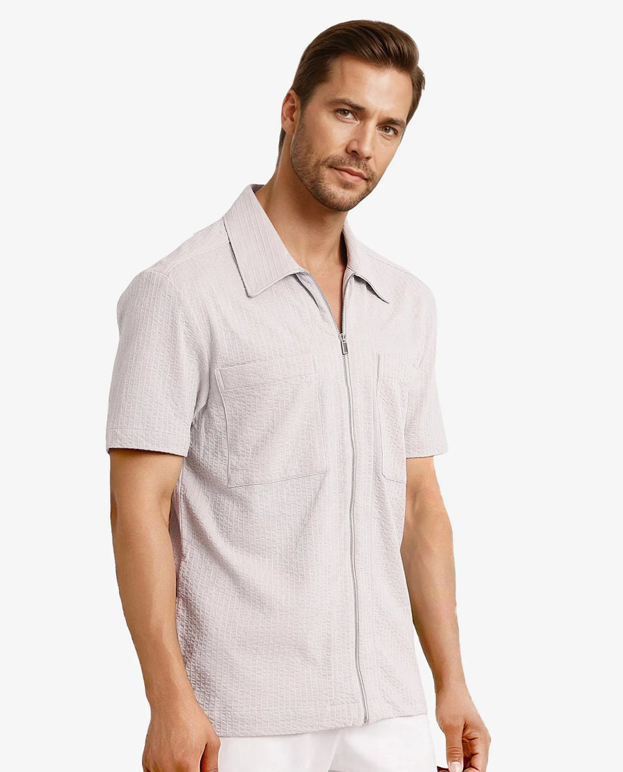 Rare Rabbit Men's Loomz Light Grey Cotton Textured Boxy Fit Half Sleeve Spread Collar Shirt