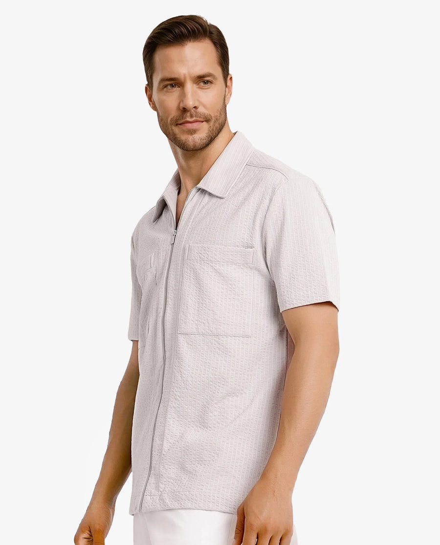 Rare Rabbit Men's Loomz Light Grey Cotton Textured Boxy Fit Half Sleeve Spread Collar Shirt