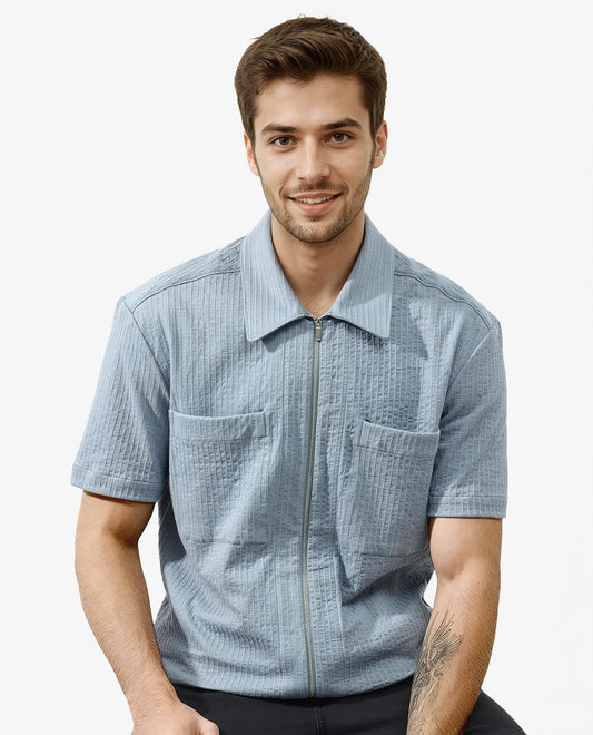 Rare Rabbit Men's Loomz Dusky Blue Cotton Textured Boxy Fit Half Sleeve Collared Shirt