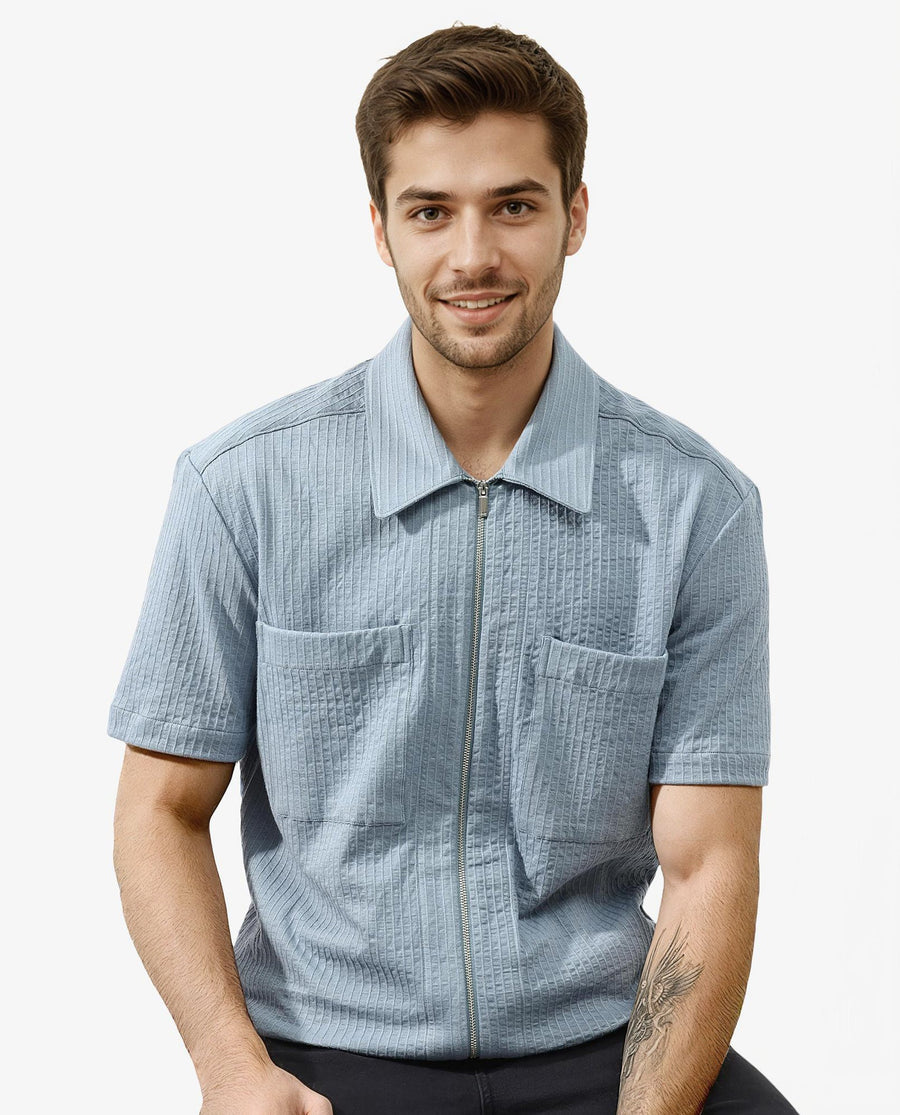 Rare Rabbit Men's Loomz Dusky Blue Cotton Textured Boxy Fit Half Sleeve Collared Shirt