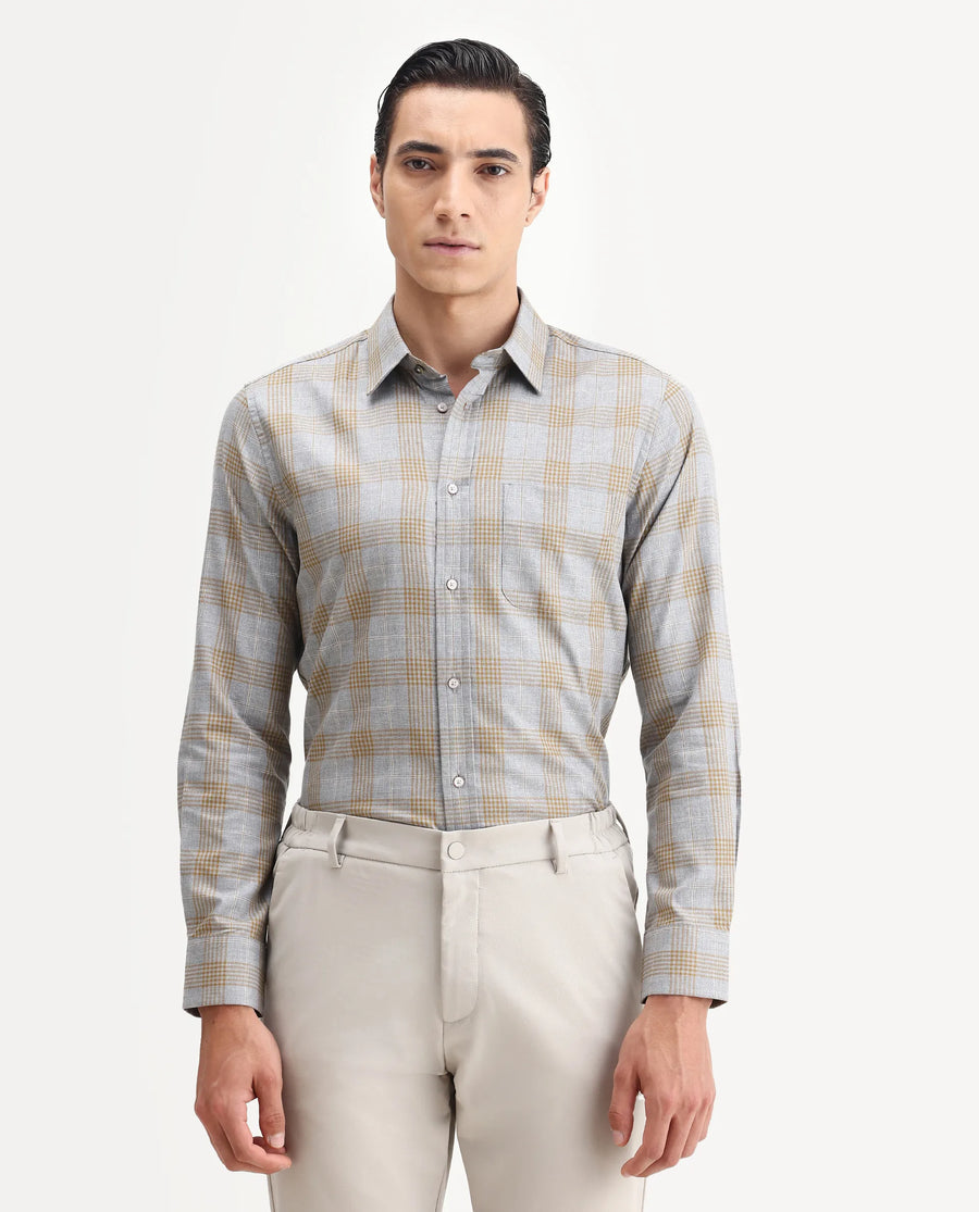 Rare Rabbit Men's Lou Grey Cotton Checked Print Regular Fit Full Sleeve Collared Shirt