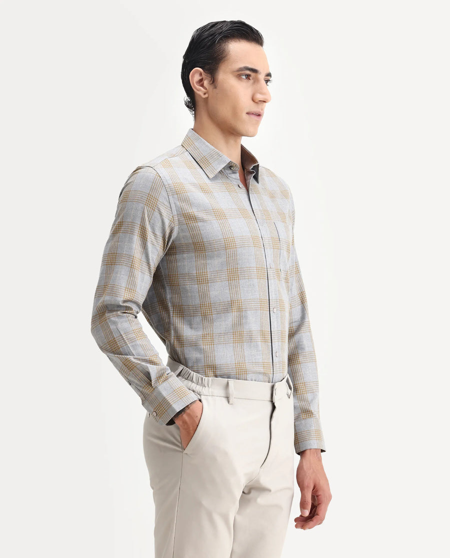Rare Rabbit Men's Lou Grey Cotton Checked Print Regular Fit Full Sleeve Collared Shirt