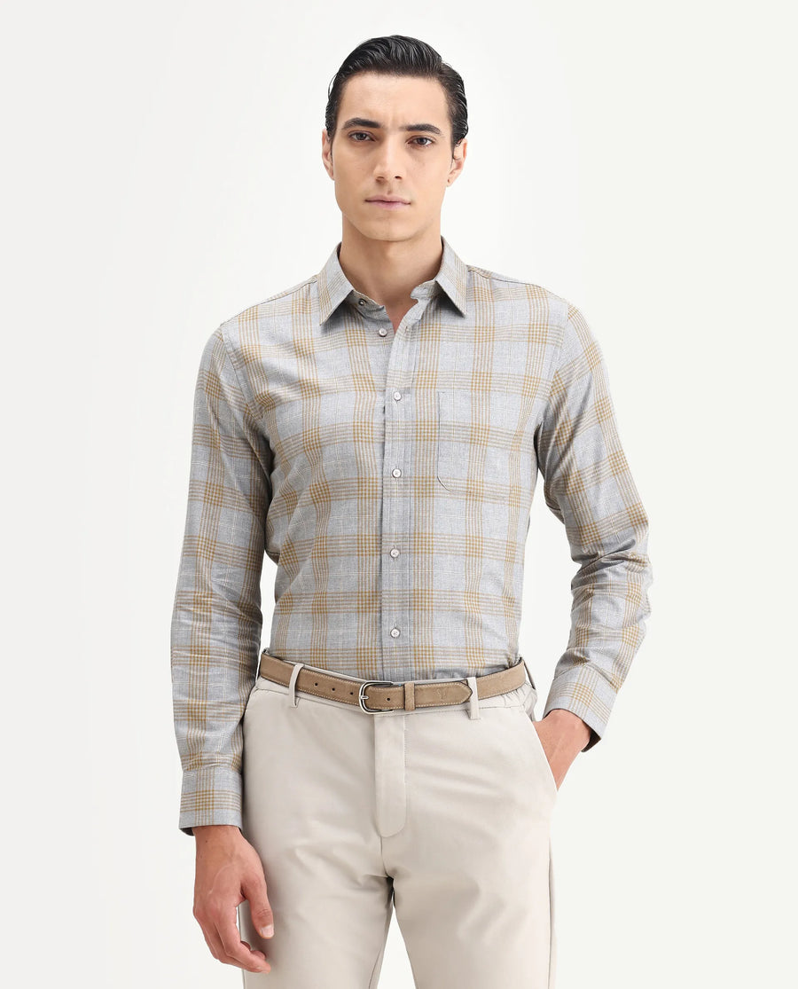 Rare Rabbit Men's Lou Grey Cotton Checked Print Regular Fit Full Sleeve Collared Shirt