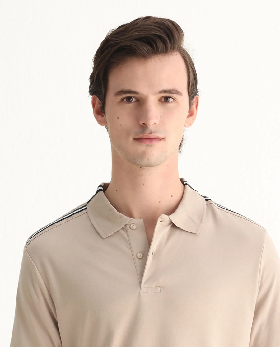 Rare Rabbit Men Loui Beige Cotton Fabric Striped Short Sleeve And Collar Neck Plain Polo