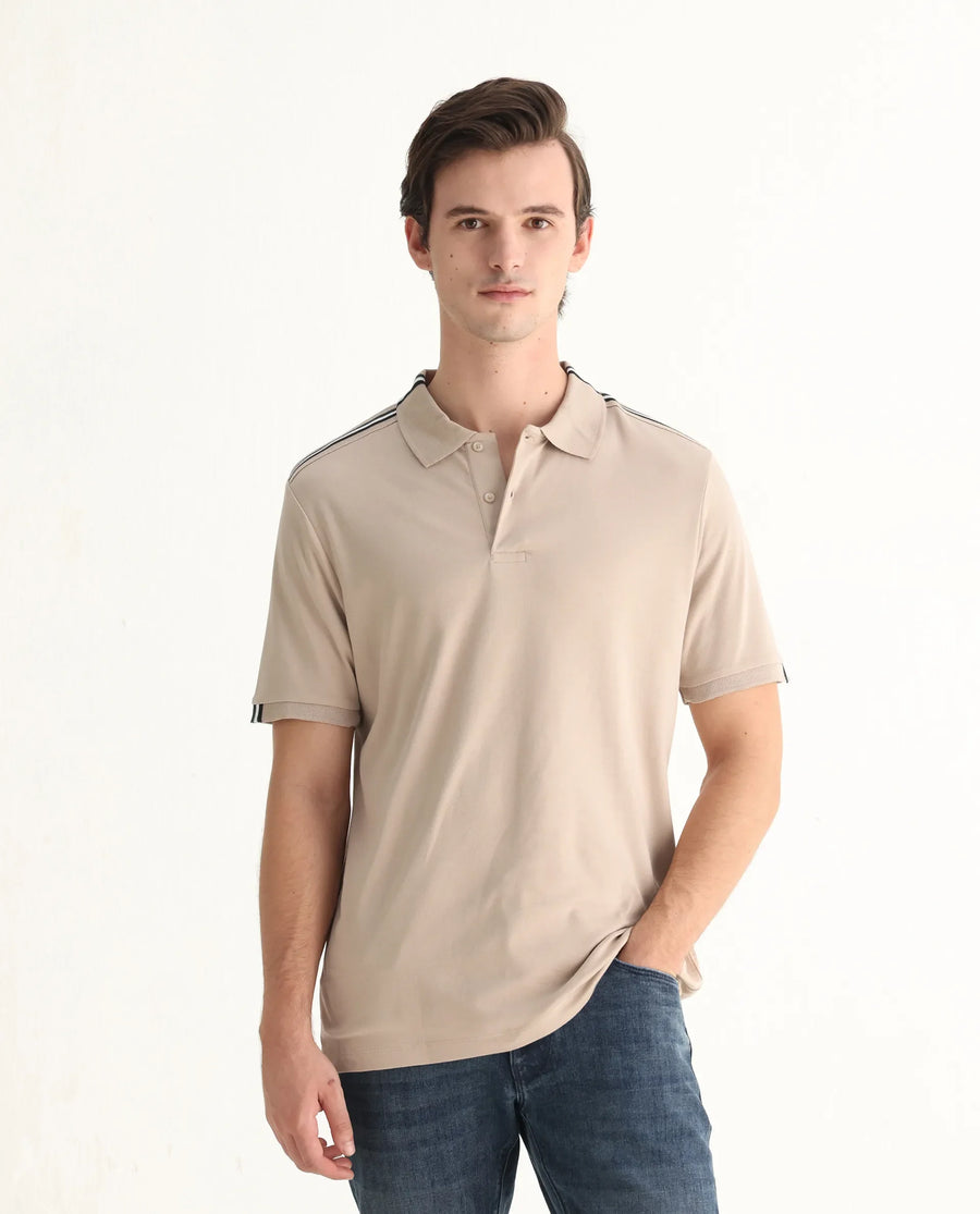 Rare Rabbit Men Loui Beige Cotton Fabric Striped Short Sleeve And Collar Neck Plain Polo