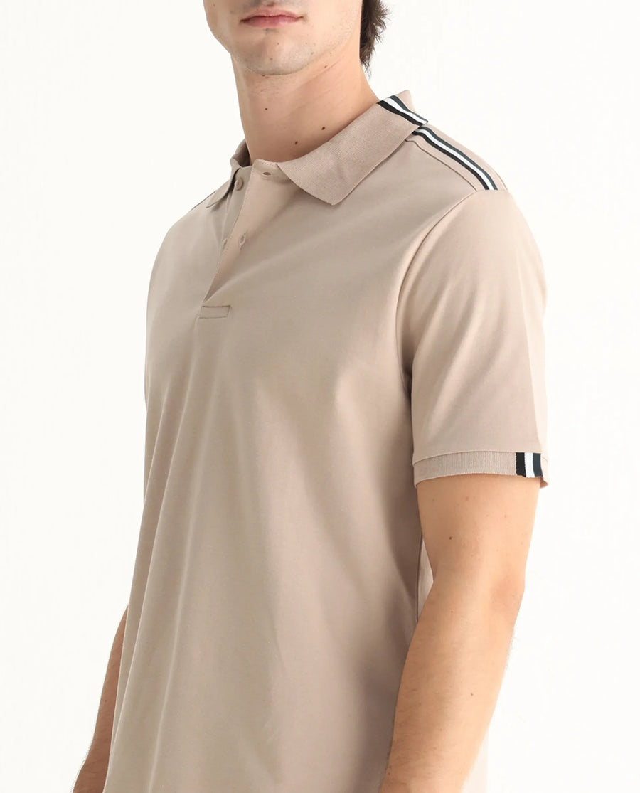 Rare Rabbit Men Loui Beige Cotton Fabric Striped Short Sleeve And Collar Neck Plain Polo
