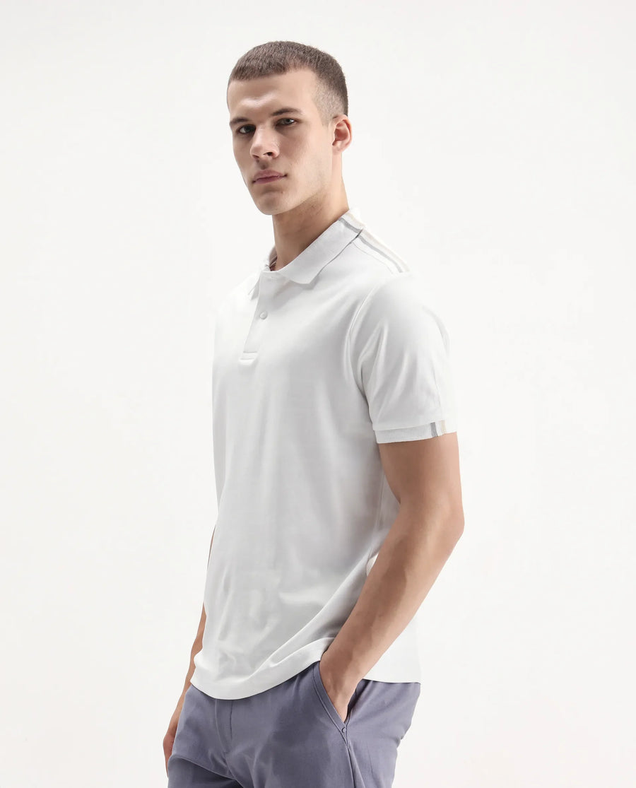 Rare Rabbit Men Loui Off White Cotton Fabric Striped Short Sleeve And Collar Neck Plain Polo
