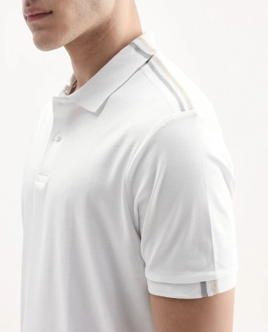 Rare Rabbit Men Loui Off White Cotton Fabric Striped Short Sleeve And Collar Neck Plain Polo