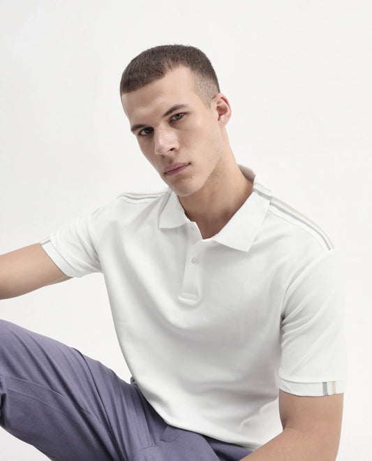 Rare Rabbit Men Loui Off White Cotton Fabric Striped Short Sleeve And Collar Neck Plain Polo