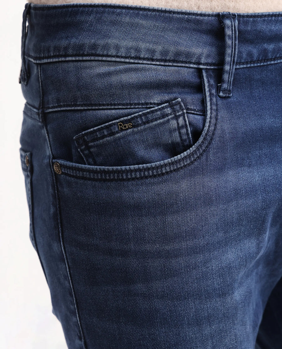 Rare Rabbit Men's Lucas-S Dark Blue Cotton Blend Plain Hawk Slim Fit Jeans
