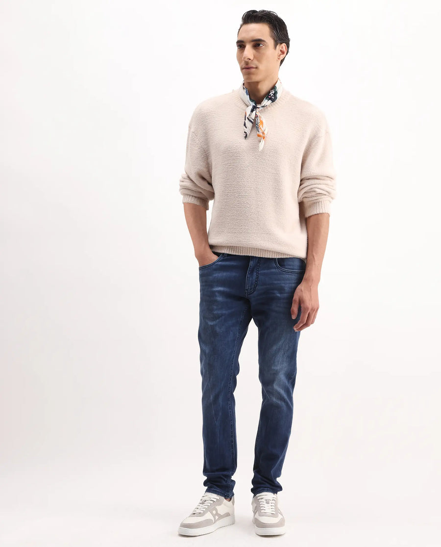 Rare Rabbit Men's Lucas-S Dark Blue Cotton Blend Plain Hawk Slim Fit Jeans