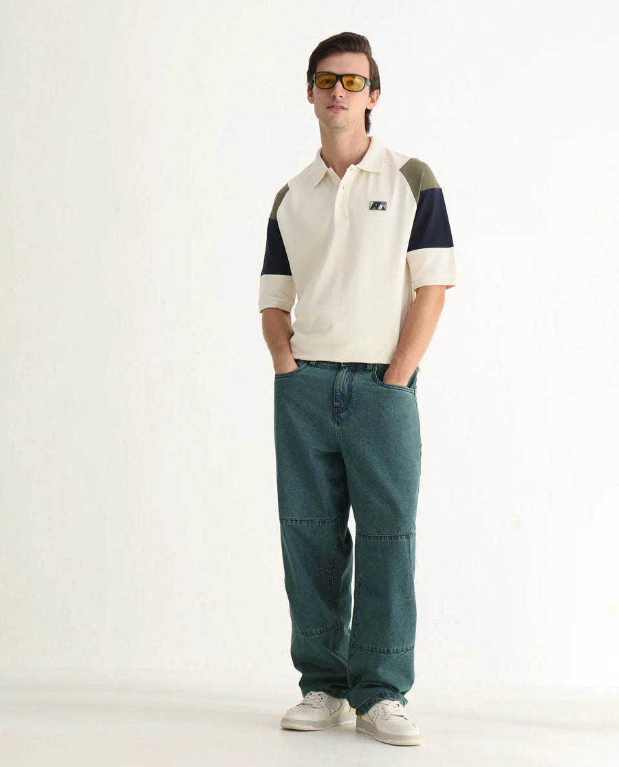 Rare Rabbit Men's Lucid Off White Cotton Blend Cut And Sew Relaxed Fit Half Sleeve Polo