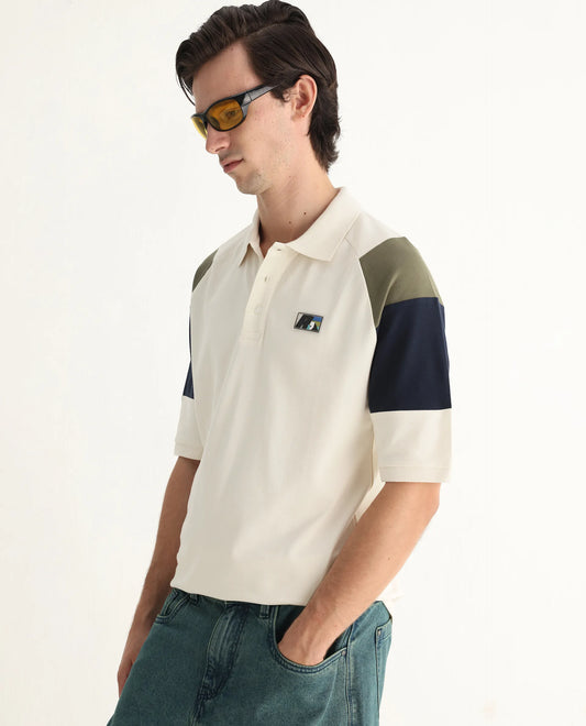 Rare Rabbit Men's Lucid Off White Cotton Blend Cut And Sew Relaxed Fit Half Sleeve Polo