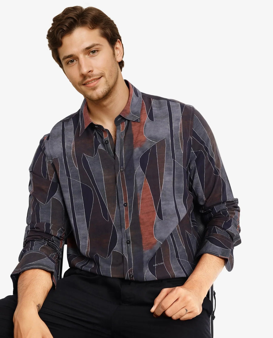 Rare Rabbit Men's Lumo Ls Black Cotton Abstract Print Regular Fit Full Sleeve Collared Shirt