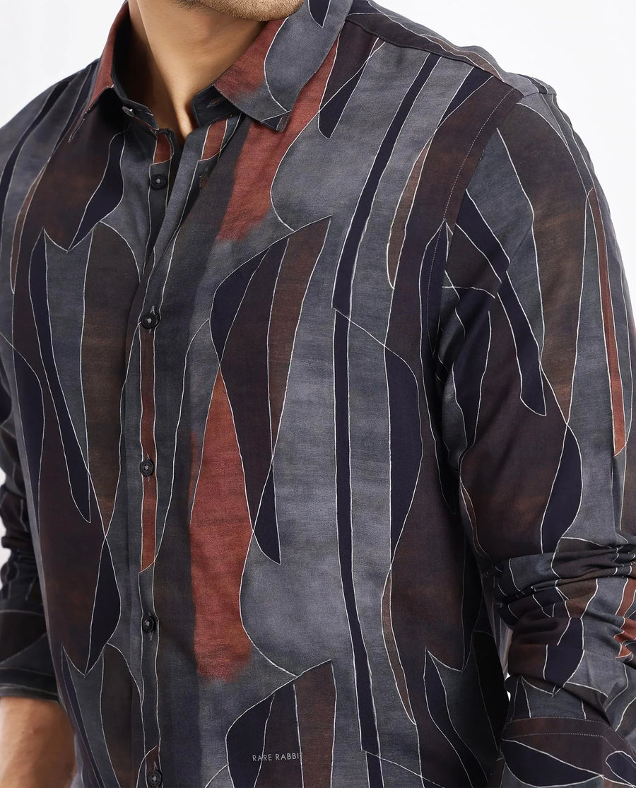 Rare Rabbit Men's Lumo Ls Black Cotton Abstract Print Regular Fit Full Sleeve Collared Shirt