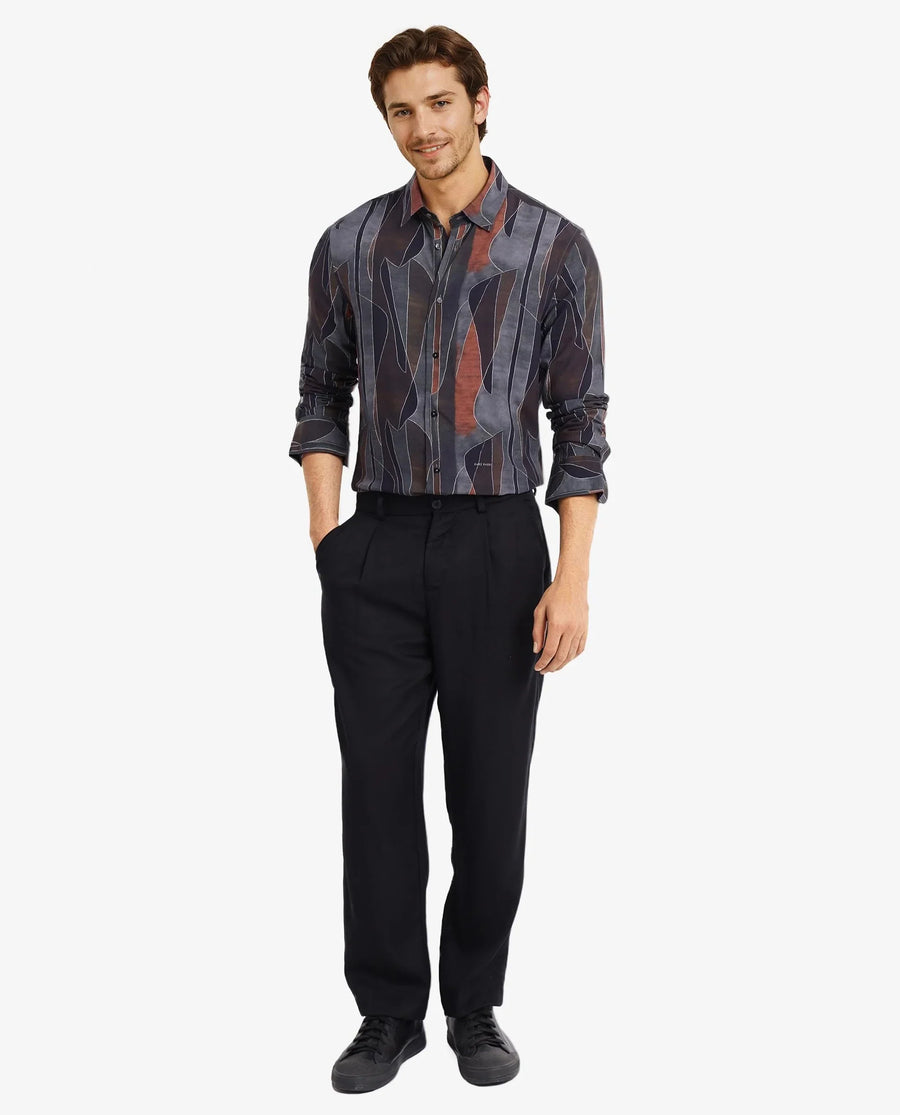 Rare Rabbit Men's Lumo Ls Black Cotton Abstract Print Regular Fit Full Sleeve Collared Shirt