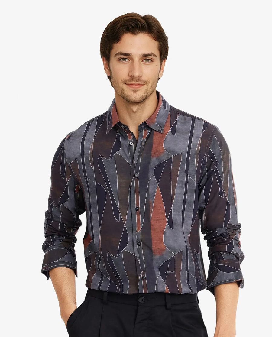 Rare Rabbit Men's Lumo Ls Black Cotton Abstract Print Regular Fit Full Sleeve Collared Shirt