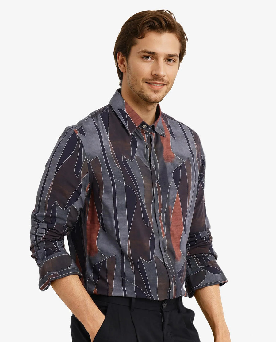 Rare Rabbit Men's Lumo Ls Black Cotton Abstract Print Regular Fit Full Sleeve Collared Shirt