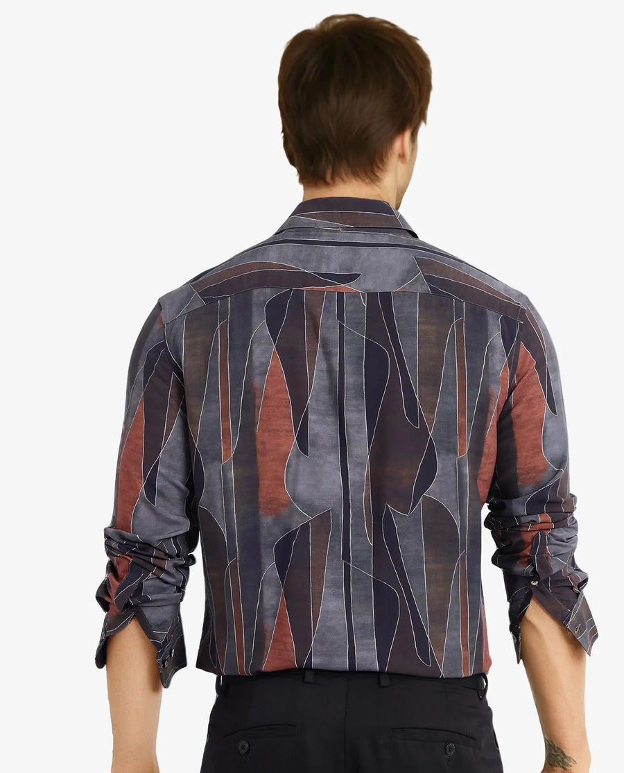 Rare Rabbit Men's Lumo Ls Black Cotton Abstract Print Regular Fit Full Sleeve Collared Shirt