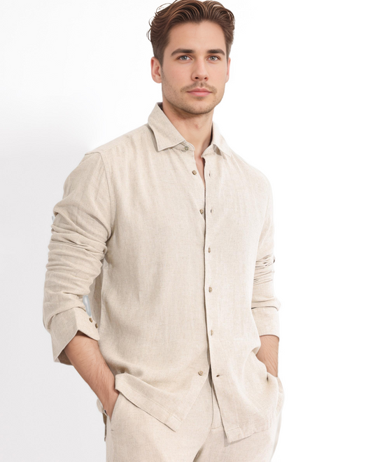 Rare Rabbit Men's Lunet Beige Linen Full Sleeves Solid Shirt