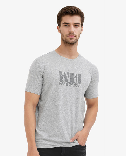 Rare Rabbit Men's Luno Mel Grey Cotton Blend Graphic Print Regular Fit Half Sleeve Crew Neck T-Shirt