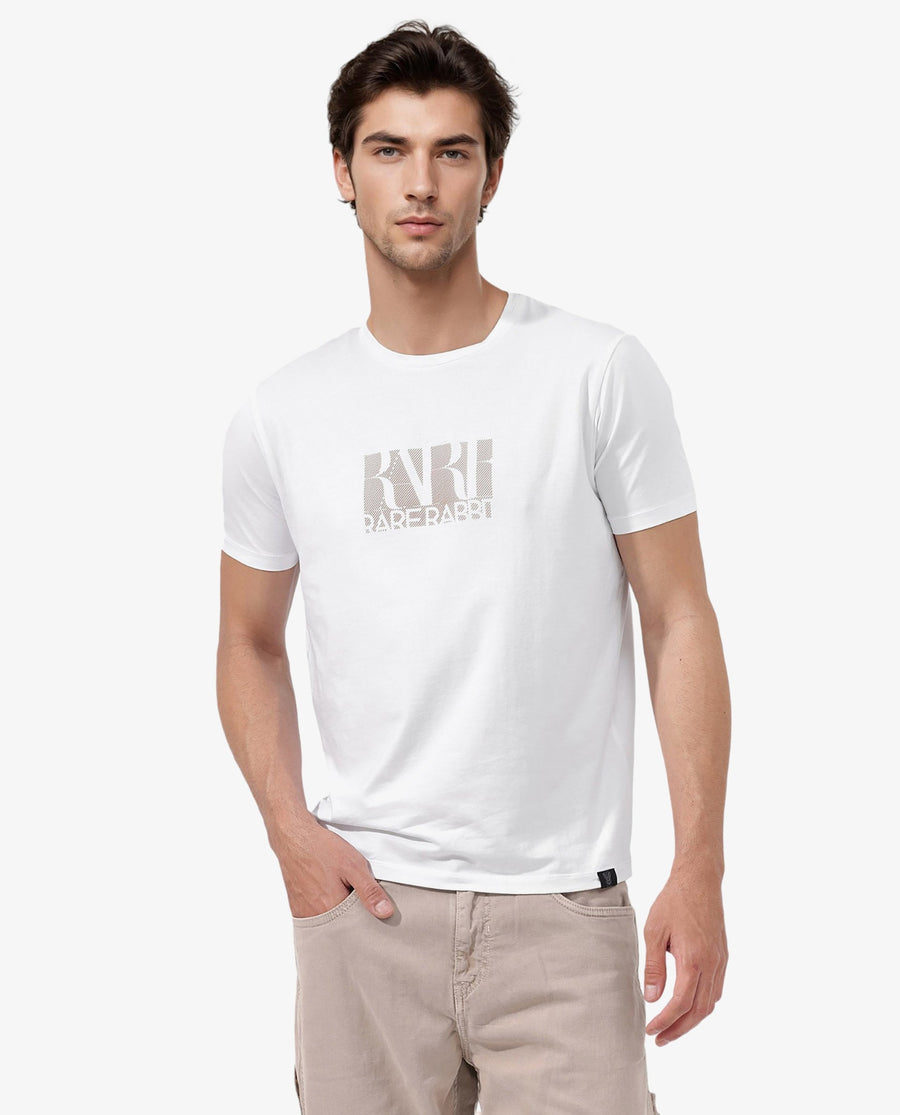 Rare Rabbit Men's Luno White Cotton Blend Graphic Print Regular Fit Half Sleeve Crew Neck T-Shirt