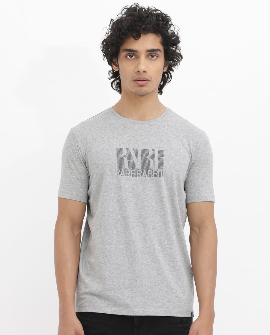Rare Rabbit Men's Luno Mel Grey Cotton Blend Graphic Print Regular Fit Half Sleeve Crew Neck T-Shirt
