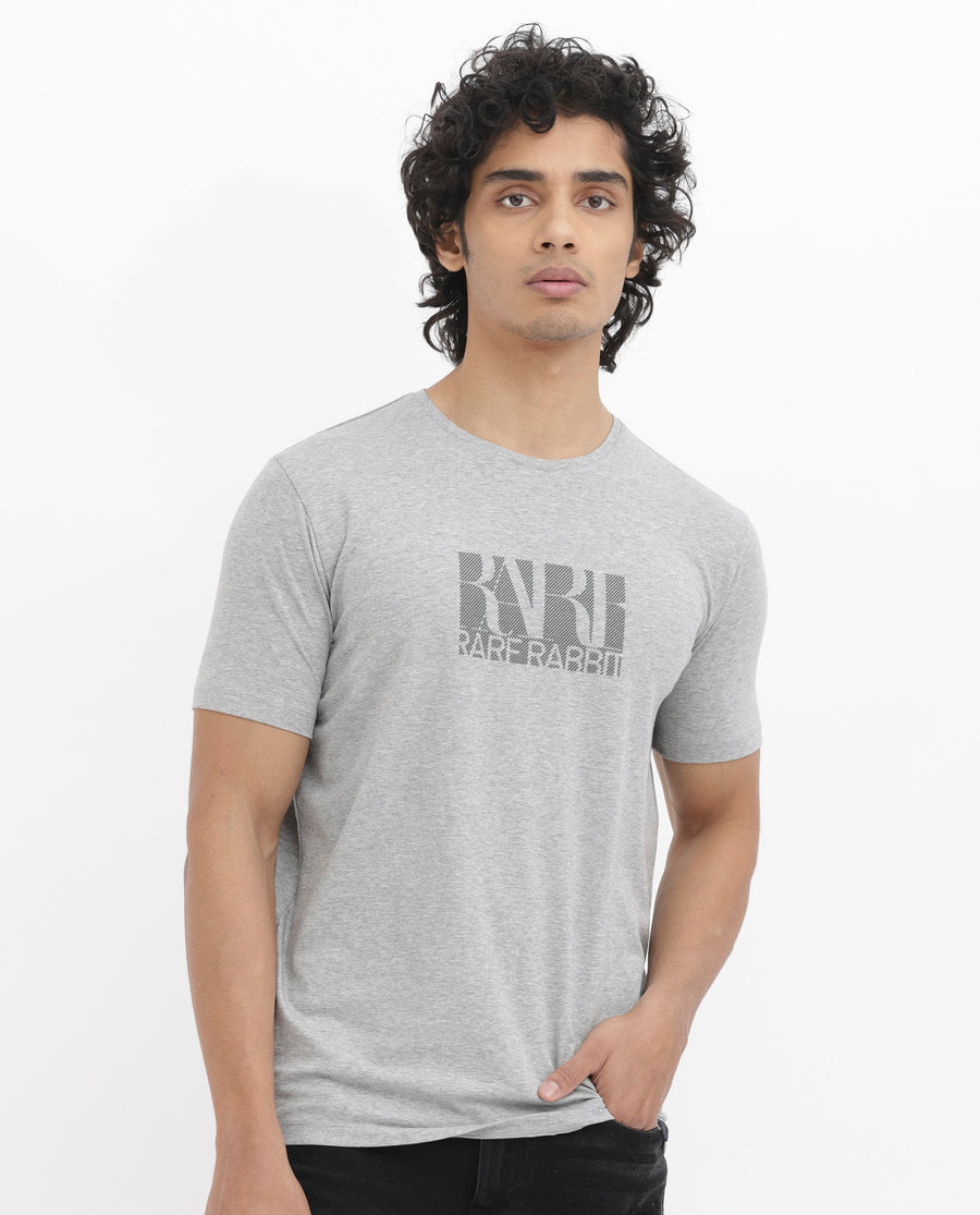 Rare Rabbit Men's Luno Mel Grey Cotton Blend Graphic Print Regular Fit Half Sleeve Crew Neck T-Shirt