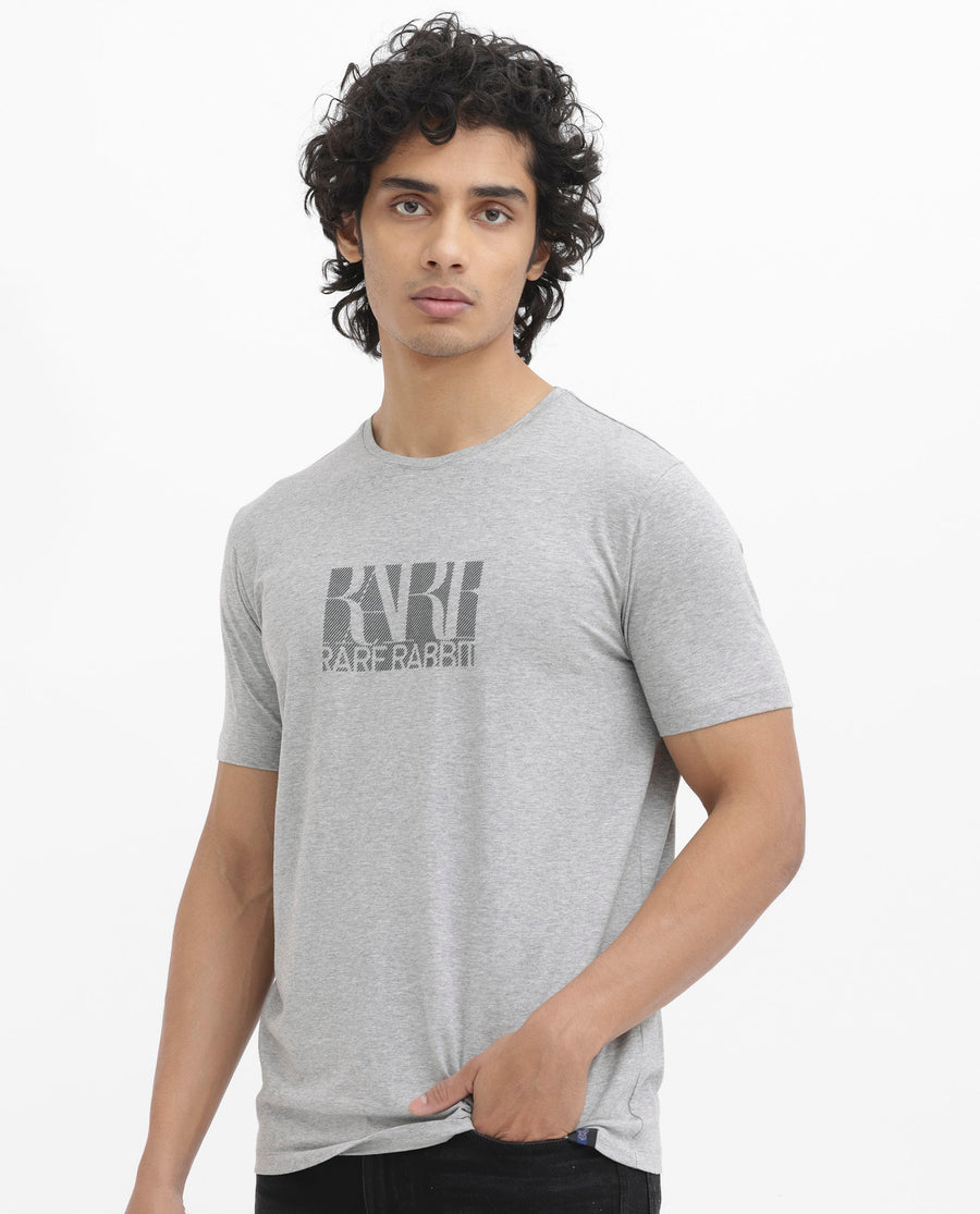 Rare Rabbit Men's Luno Mel Grey Cotton Blend Graphic Print Regular Fit Half Sleeve Crew Neck T-Shirt