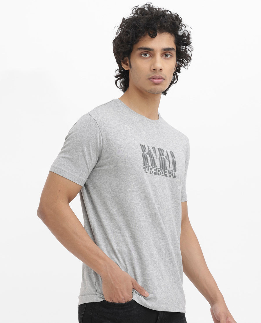 Rare Rabbit Men's Luno Mel Grey Cotton Blend Graphic Print Regular Fit Half Sleeve Crew Neck T-Shirt