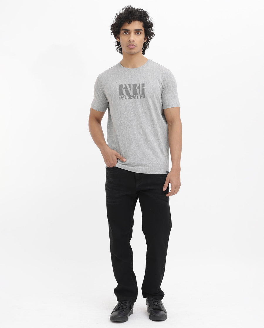 Rare Rabbit Men's Luno Mel Grey Cotton Blend Graphic Print Regular Fit Half Sleeve Crew Neck T-Shirt