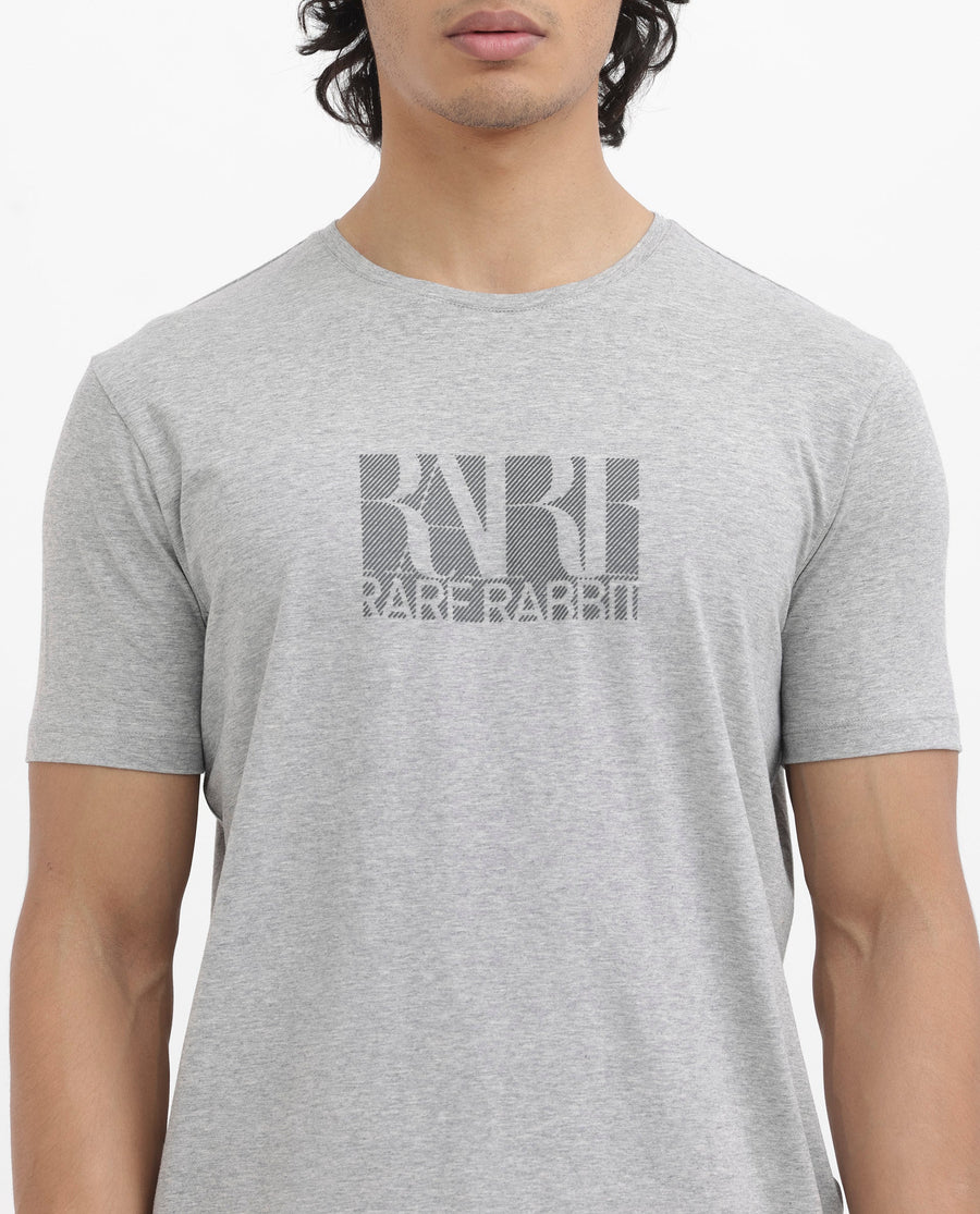 Rare Rabbit Men's Luno Mel Grey Cotton Blend Graphic Print Regular Fit Half Sleeve Crew Neck T-Shirt