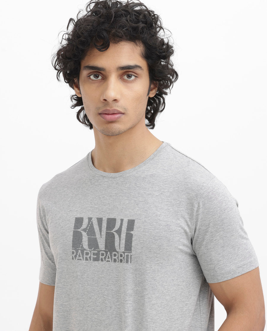 Rare Rabbit Men's Luno Mel Grey Cotton Blend Graphic Print Regular Fit Half Sleeve Crew Neck T-Shirt