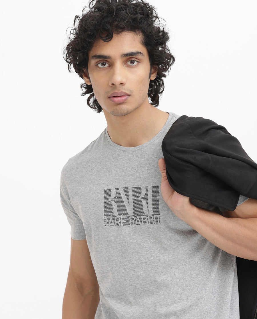 Rare Rabbit Men's Luno Mel Grey Cotton Blend Graphic Print Regular Fit Half Sleeve Crew Neck T-Shirt
