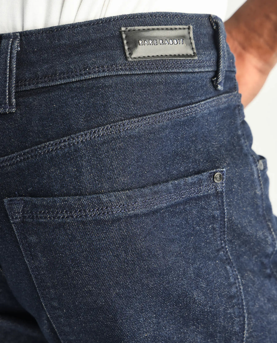 Rare Rabbit Men's Lyon Dark Navy Cotton Plain Hawk Slim Fit Jeans