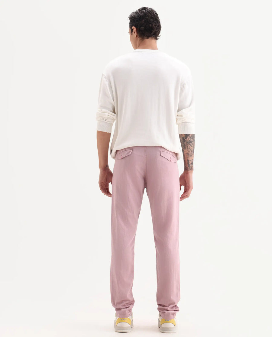 Rare Rabbit Men's Lyte Pink Cotton Plain Regular Fit Trouser