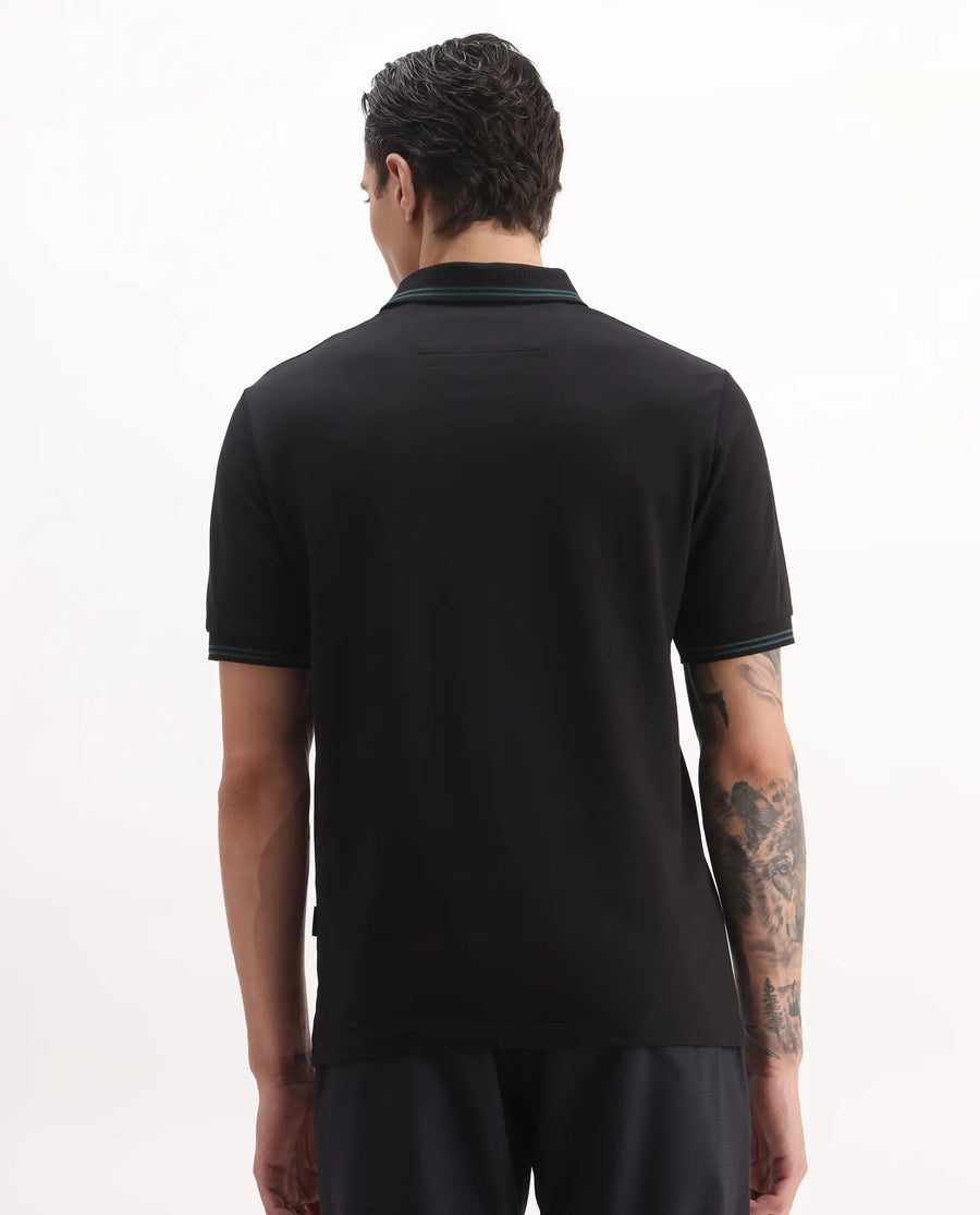 Rare Rabbit Men's Mace Black Cotton Blend Plain Regular Fit Half Sleeve Polo