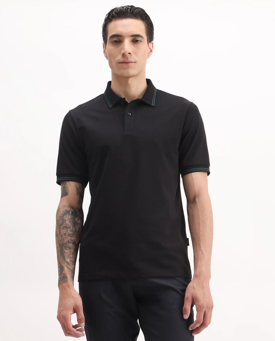 Rare Rabbit Men's Mace Black Cotton Blend Plain Regular Fit Half Sleeve Polo
