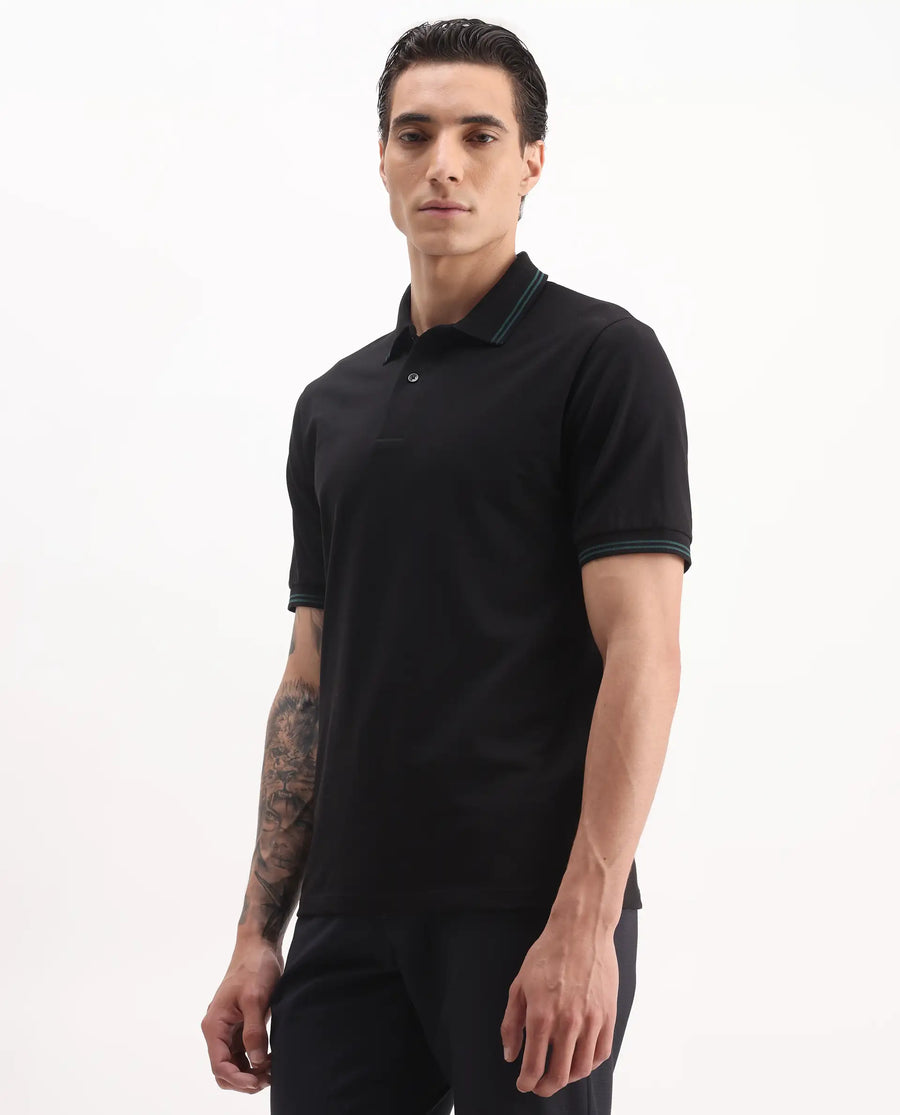Rare Rabbit Men's Mace Black Cotton Blend Plain Regular Fit Half Sleeve Polo