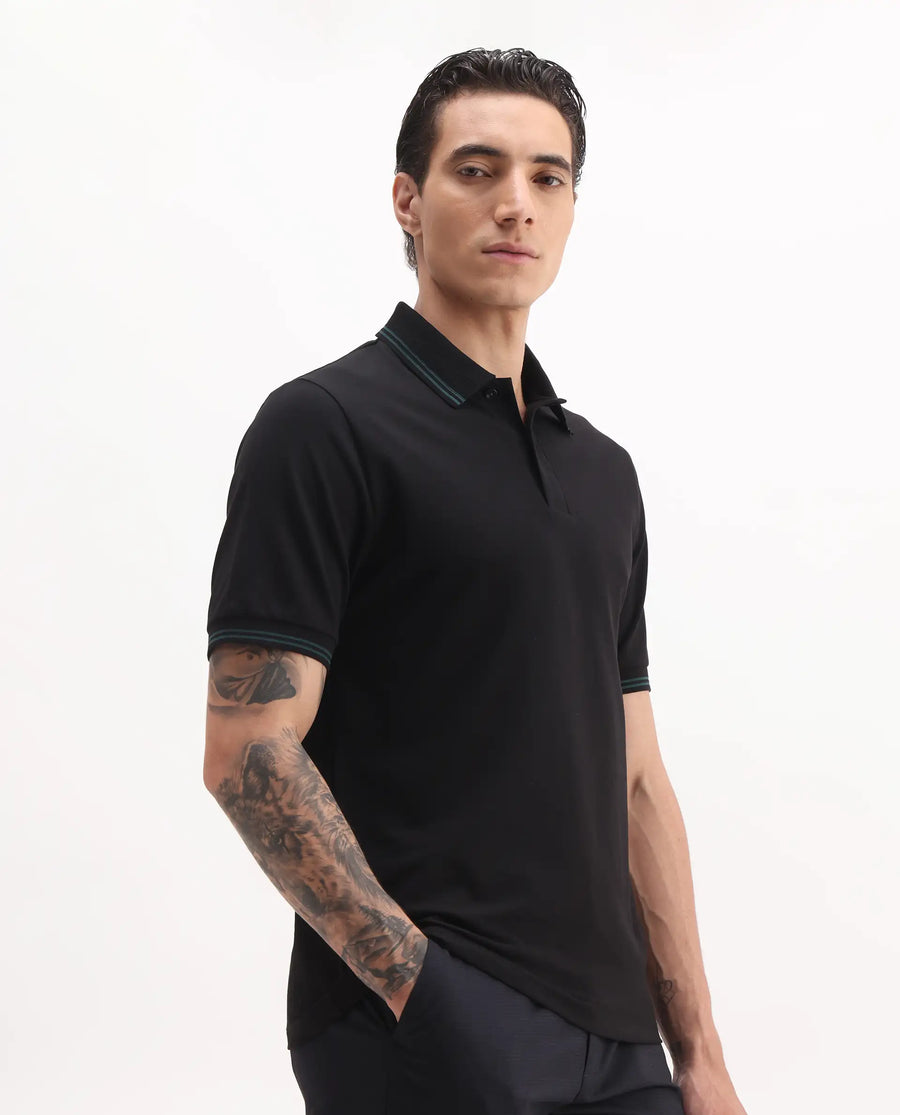 Rare Rabbit Men's Mace Black Cotton Blend Plain Regular Fit Half Sleeve Polo